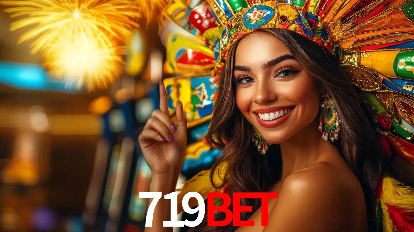 Mulher sorridente com um cocar de carnaval vibrante e colorido, celebrando uma grande vitória nos jogos do cassino 719BET com fogos de artifício ao fundo.