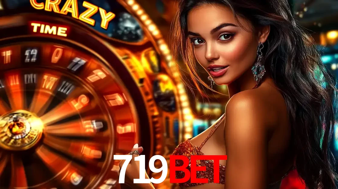 Mulher ao lado da roda de prêmios do jogo de cassino ao vivo Crazy Time, um dos shows de jogos mais emocionantes oferecidos pela plataforma de apostas 719BET.