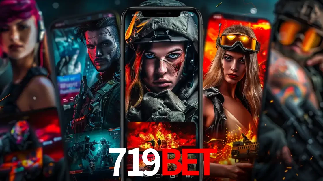 Montagem de telas de celular mostrando diversos personagens, masculinos e femininos, de um jogo de tiro, ilustrando a diversidade de equipes de e-sports para apostar no 719BET.