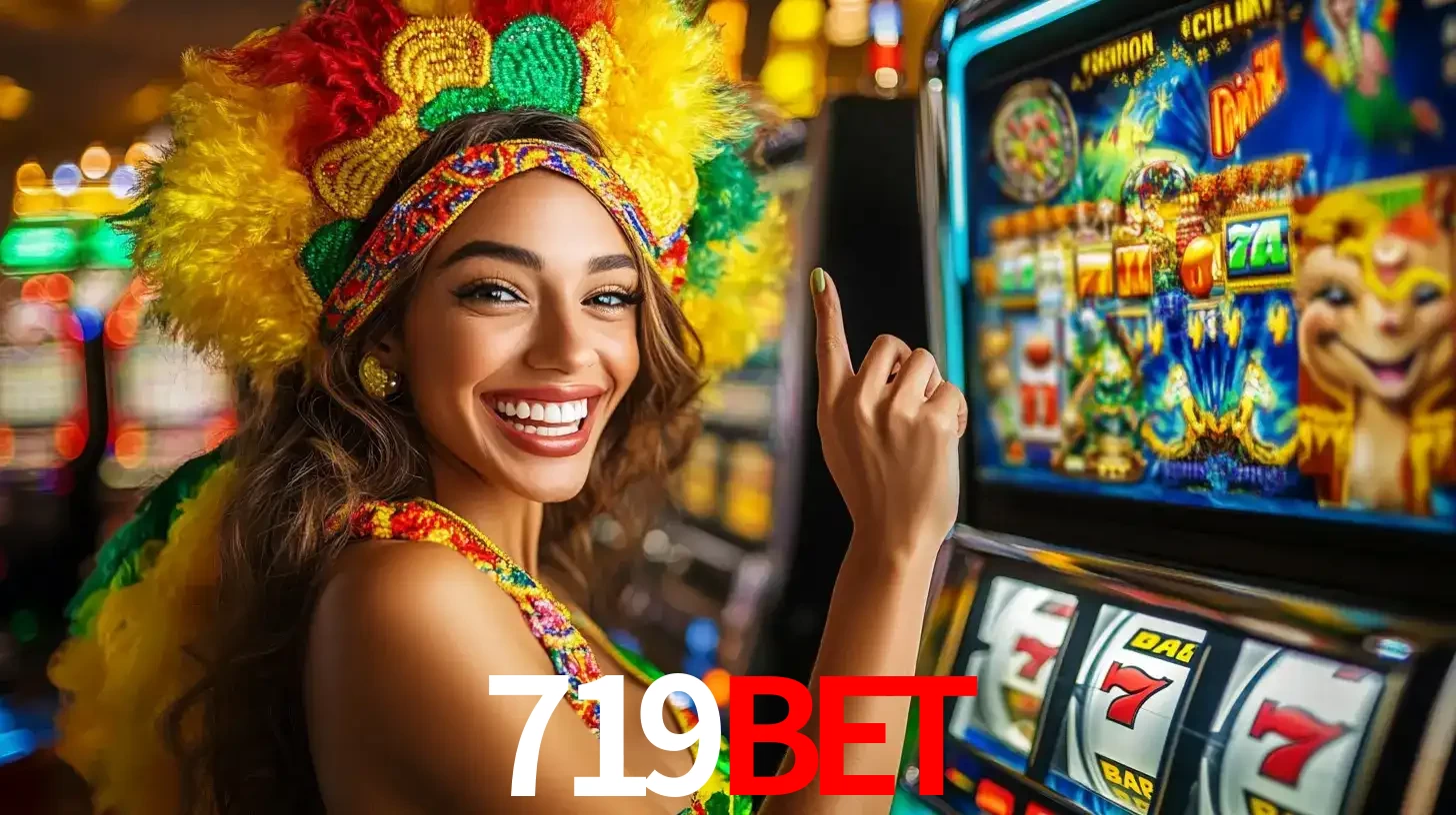 Mulher animada com um cocar de carnaval apontando para uma máquina de caça-níqueis, mostrando a emoção de ganhar um grande prêmio nos jogos do 719BET.