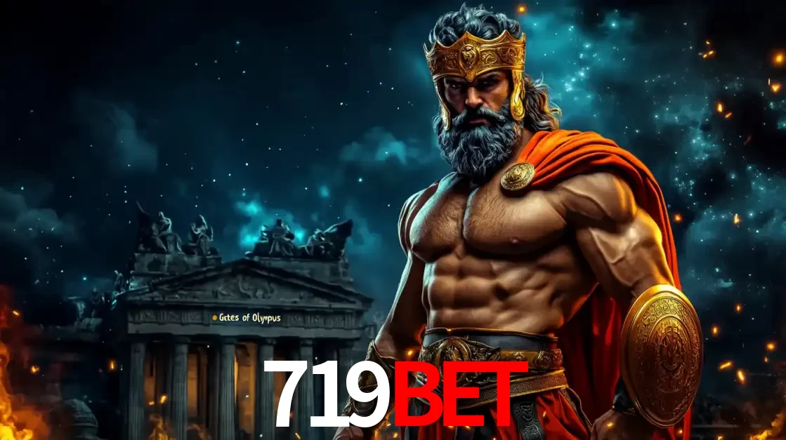 O poderoso Zeus do jogo de slot Gates of Olympus em frente ao seu templo, pronto para lançar multiplicadores divinos e prêmios épicos no cassino online 719BET.
