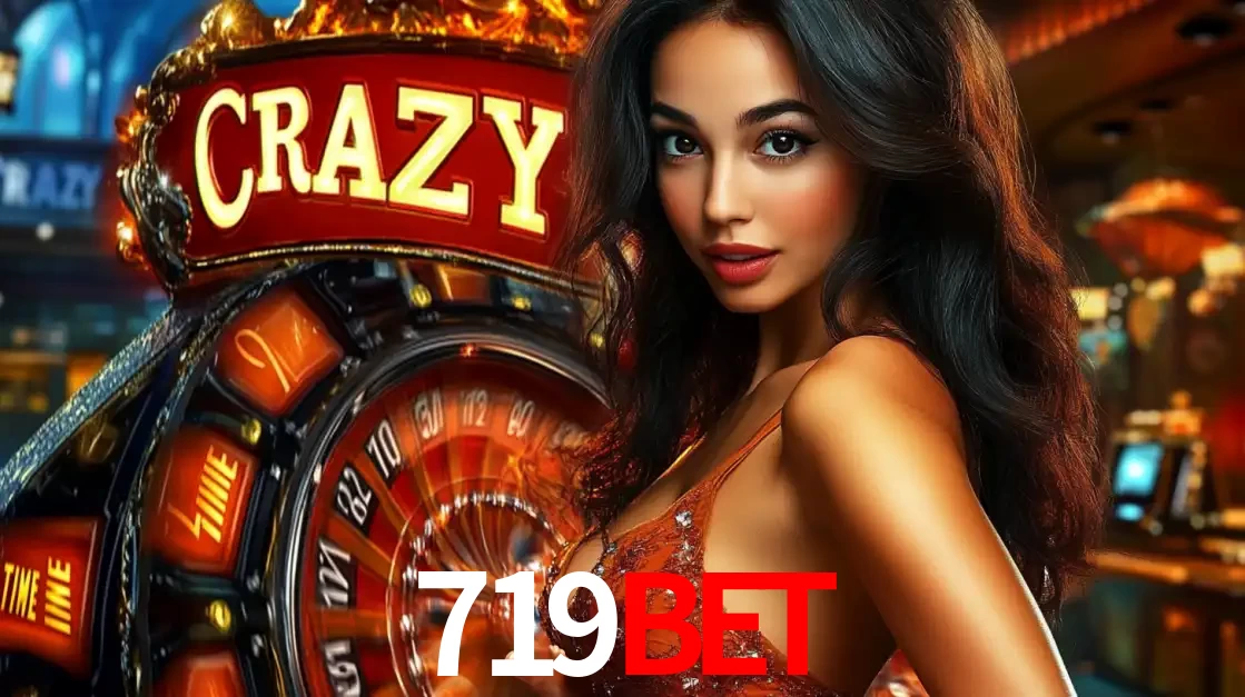 Mulher glamourosa olhando para a câmera com a roda vermelha do Crazy Time ao fundo em um ambiente de cassino, destacando a emoção dos jogos ao vivo no 719BET.