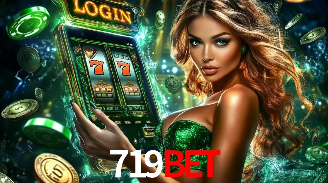 Mulher com tema verde apresentando o aplicativo do cassino 719BET com um jogo de slot de 777, cercada por fichas de cassino e uma aura de sorte.