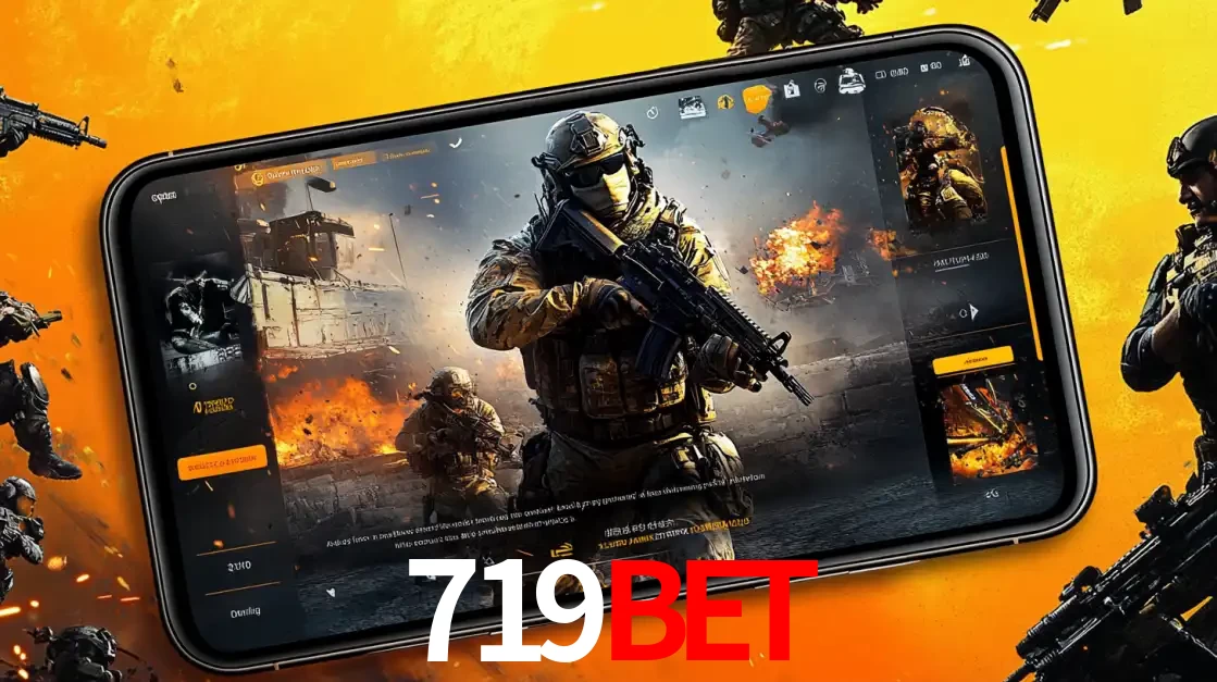 Um smartphone exibindo a interface de um jogo de tiro em primeira pessoa, com um soldado em um cenário de batalha, representando a ação dos e-sports para apostar no 719BET.