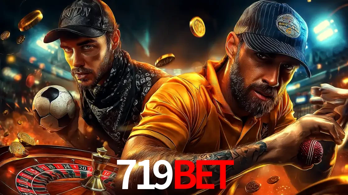Montagem de apostas esportivas e cassino no 719BET, com um homem segurando uma bola de futebol e outro uma de beisebol sobre uma roleta e moedas voadoras.