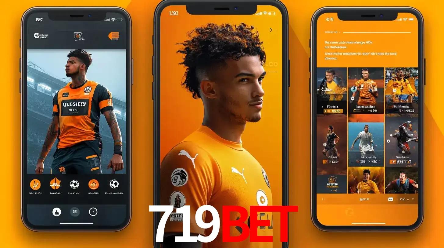 Interface do aplicativo de apostas esportivas 719BET em três telas de celular, mostrando o perfil de um jogador de futebol e a lista de jogos disponíveis para apostar.