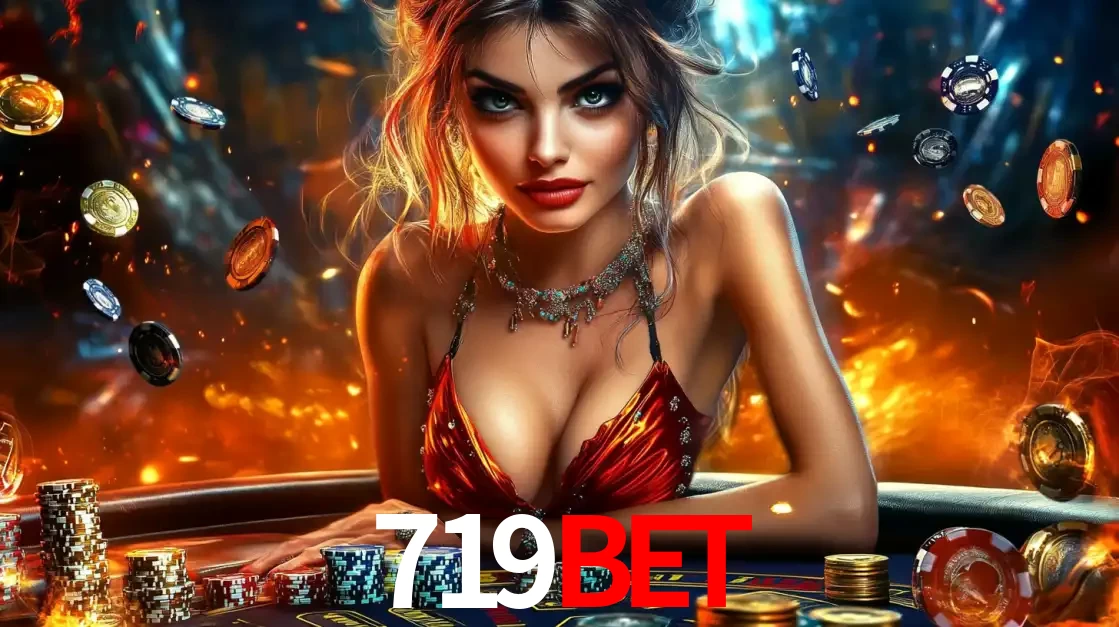 Mulher em uma mesa de cassino com pilhas de fichas e um fundo de fogo, pronta para uma rodada de altas apostas nos jogos de mesa emocionantes do cassino 719BET.