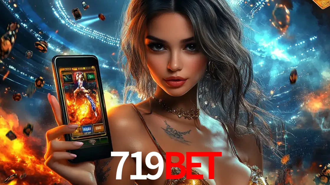 Mulher segurando um celular com um jogo de slot em destaque, tendo como fundo um estádio vibrante, simbolizando a emoção de jogar no cassino móvel 719BET.